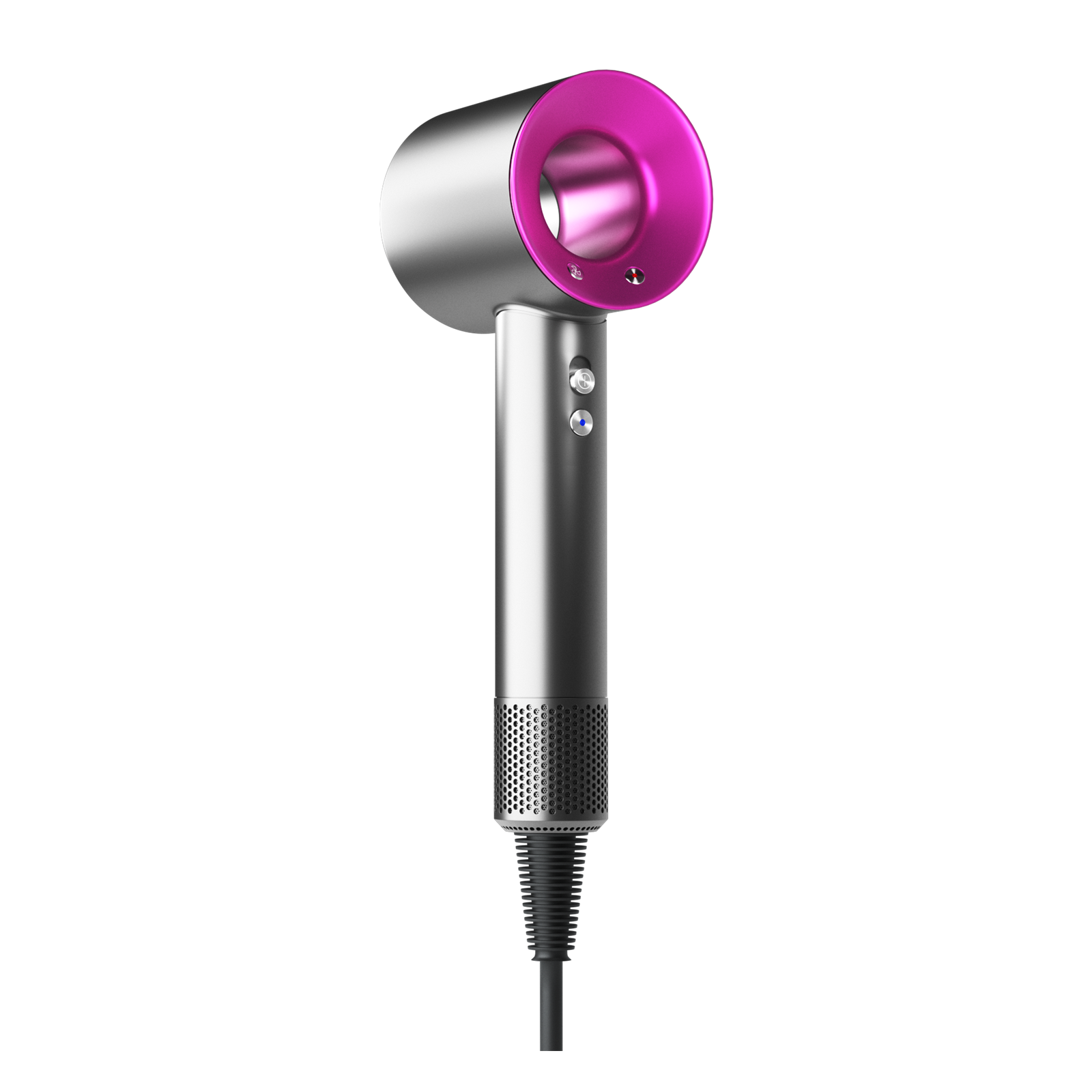 Silver and magenta Dyson hair dryer CGI render